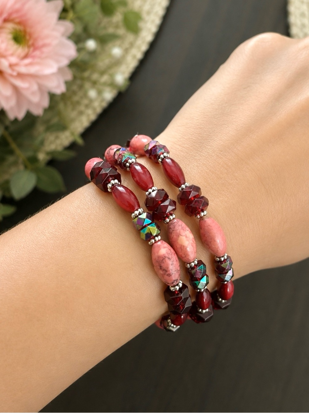3 Pink/Maroon Stretchy Beaded Bracelet Set